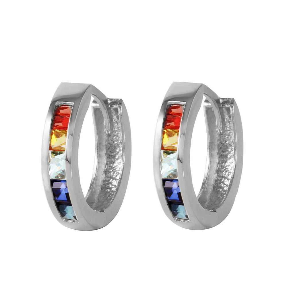 14K. GOLD HOOP EARRING WITH MULTI COLORS SAPPHIRES (White Gold) - Picture 1 of 3